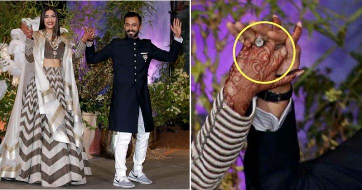 A picture of the newly wedded couple Sonam Kapoor and Anand Ahuja flaunting their engagement ring.