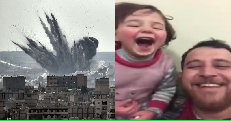 Image result for Syrian father laughs with daughter as bombs fall | [VIDEO] Syrian